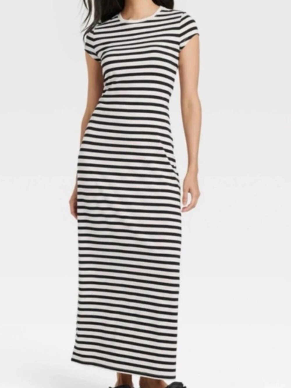 A New Day Women's Short Sleeve Knit Maxi Dress Black/White Striped